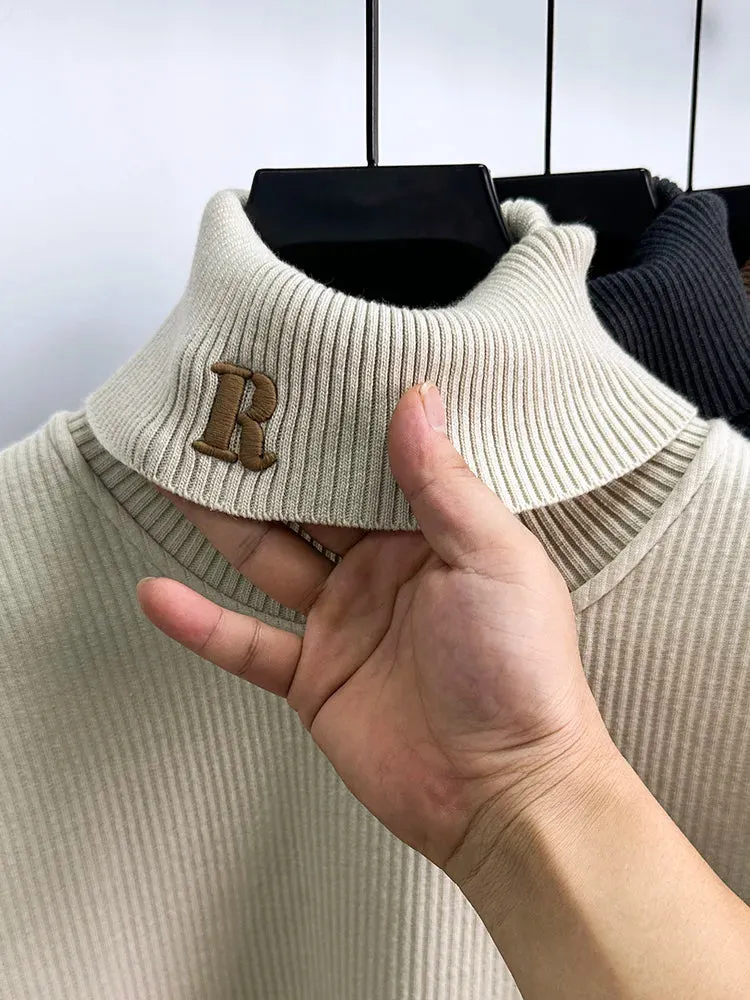 Solid Turtleneck Embroidered Knitted Sweater