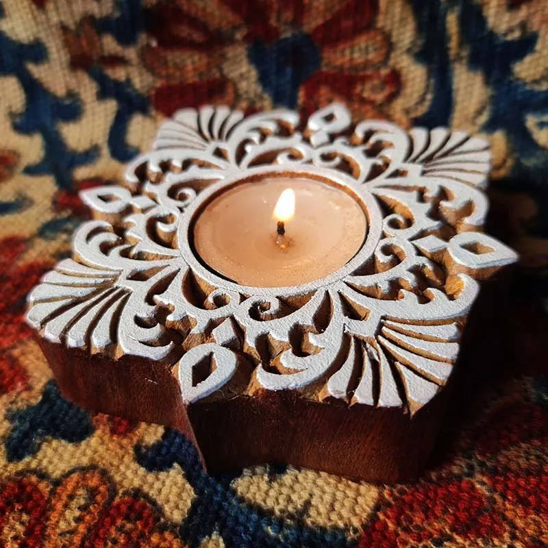 Square Hand Engraved Wood Tealight Holder