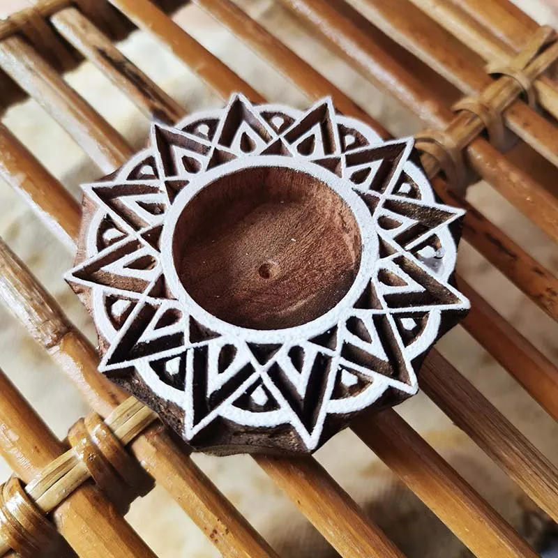 Star Shaped Hand Engraved Wood Block Tealight Holder (Set of 2)