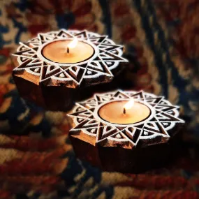 Star Shaped Hand Engraved Wood Block Tealight Holder (Set of 2)