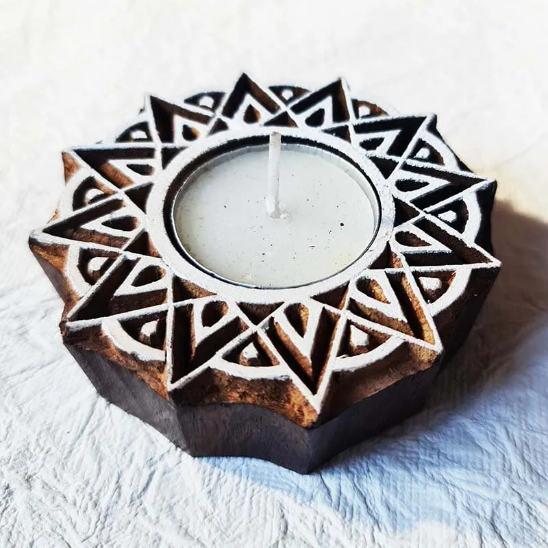 Star Shaped Hand Engraved Wood Block Tealight Holder (Set of 2)