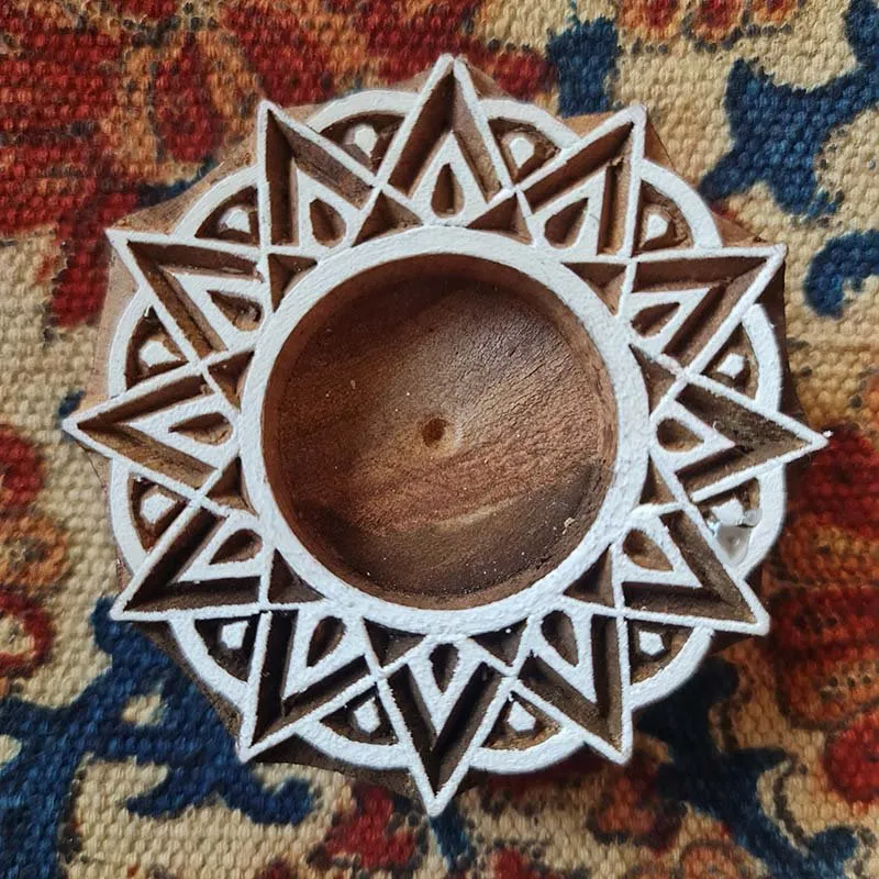 Star Shaped Hand Engraved Wood Block Tealight Holder (Set of 2)