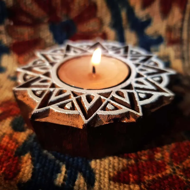 Star Shaped Hand Engraved Wood Block Tealight Holder (Set of 2)