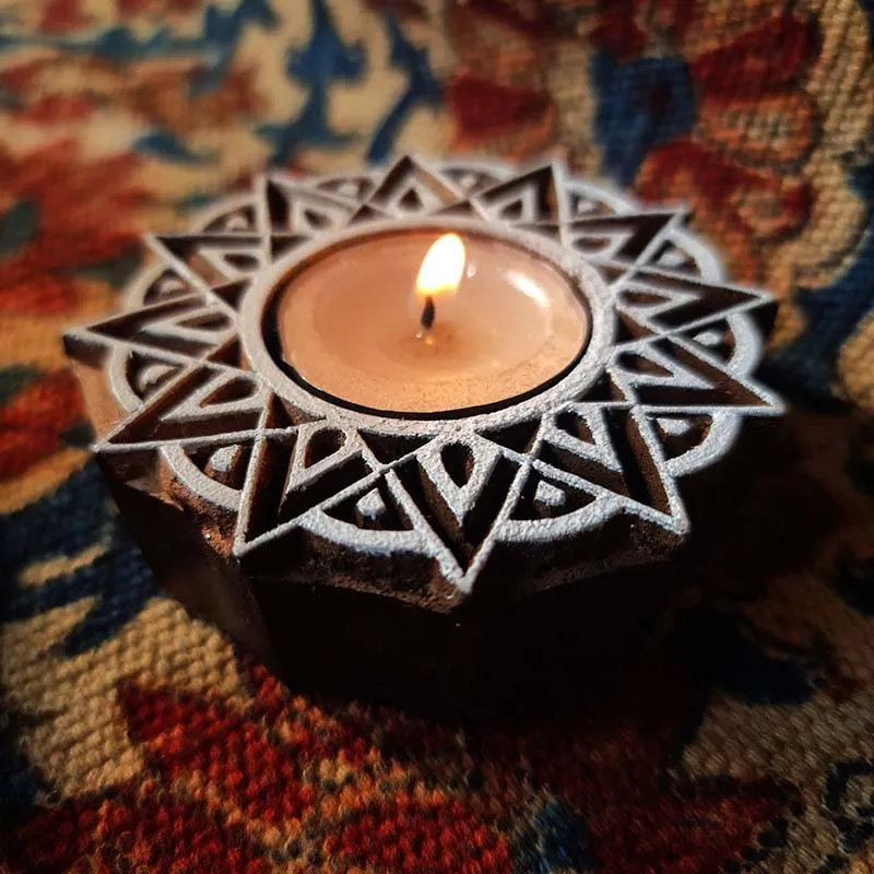 Star Shaped Hand Engraved Wood Block Tealight Holder (Set of 2)