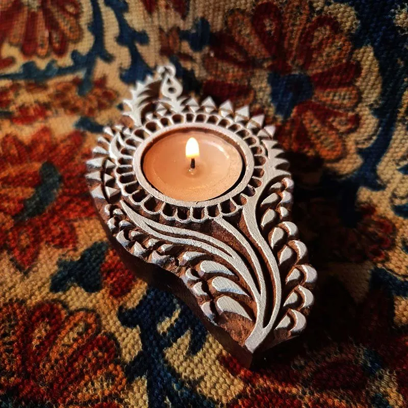 Stemmed Flower Hand Engraved Wood Tealight Candle Holder