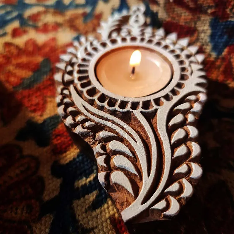 Stemmed Flower Hand Engraved Wood Tealight Candle Holder