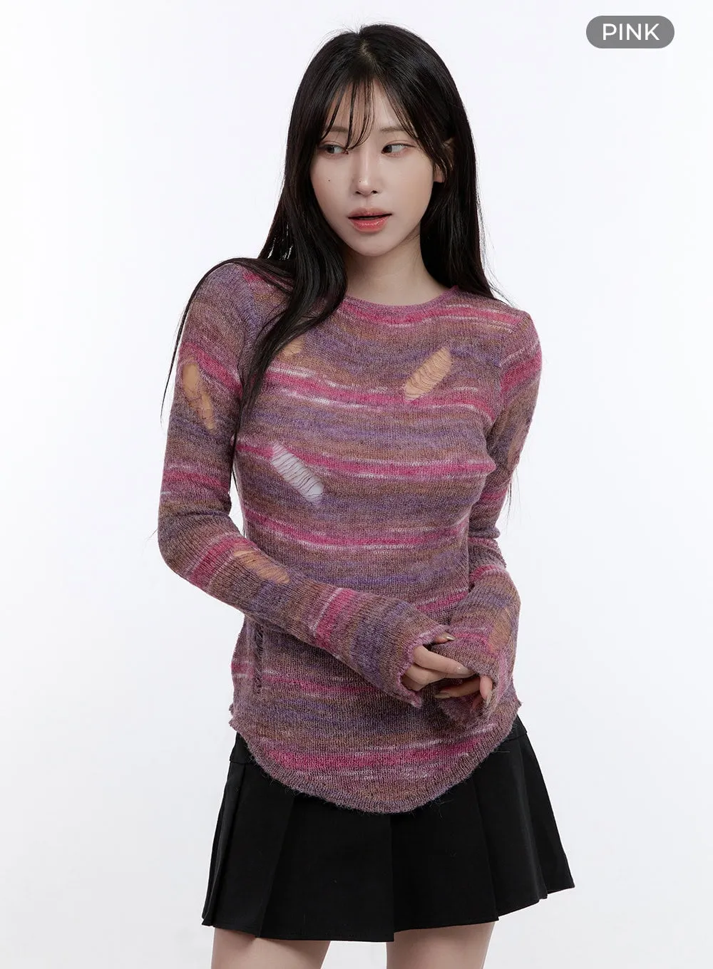 Stripe Destroyed Long Sleeve Knit Top CO419