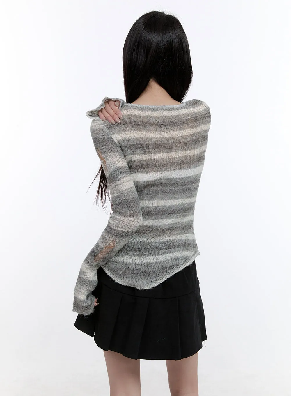 Stripe Destroyed Long Sleeve Knit Top CO419