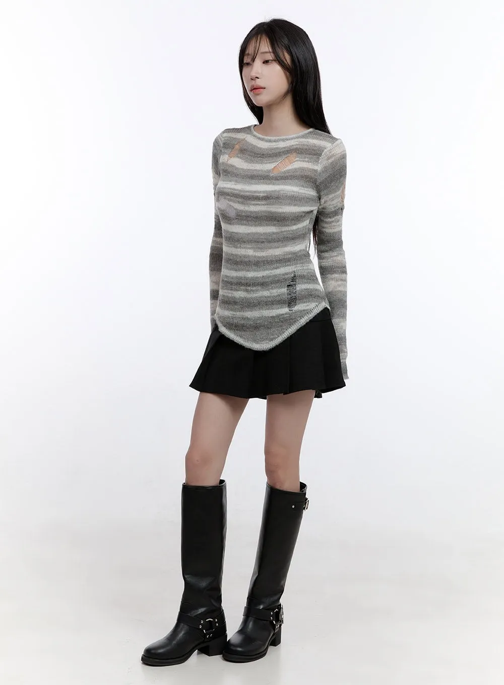 Stripe Destroyed Long Sleeve Knit Top CO419