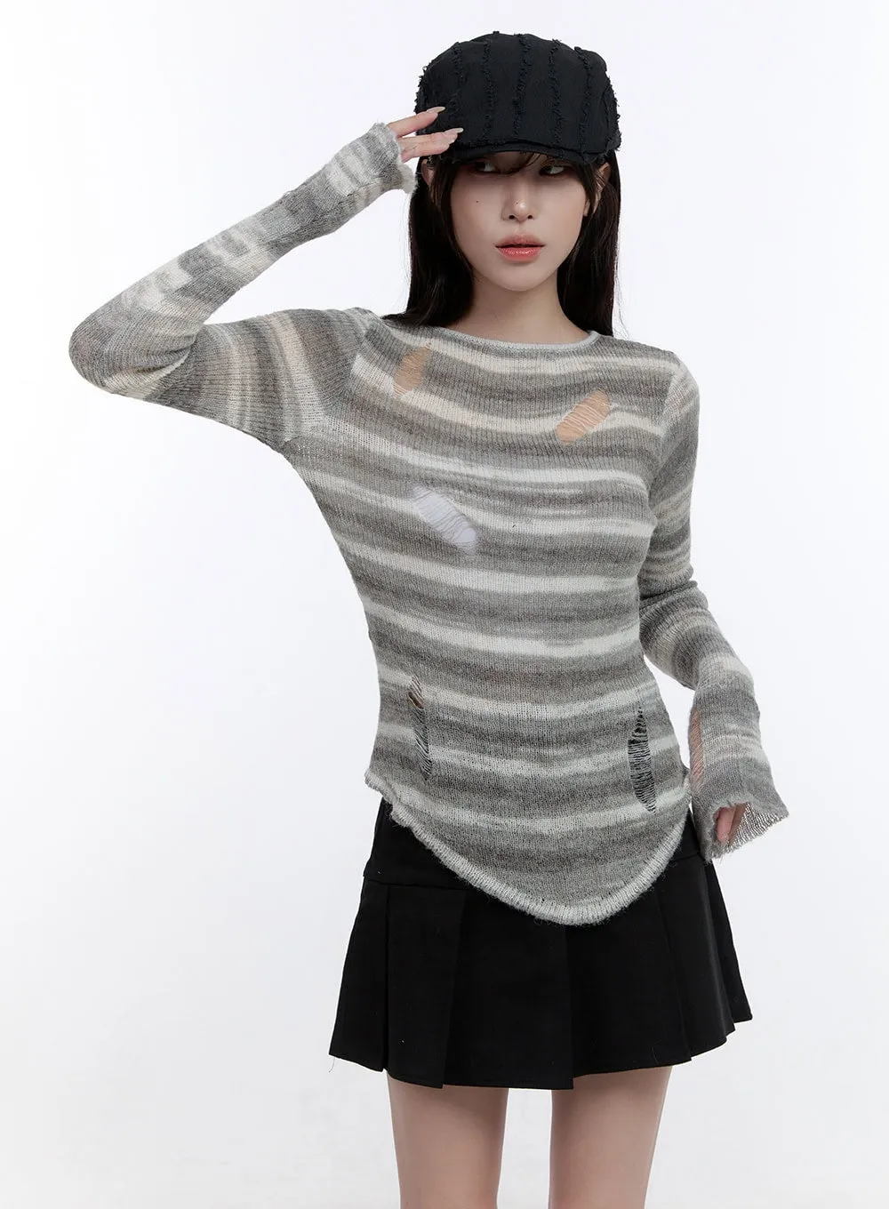 Stripe Destroyed Long Sleeve Knit Top CO419