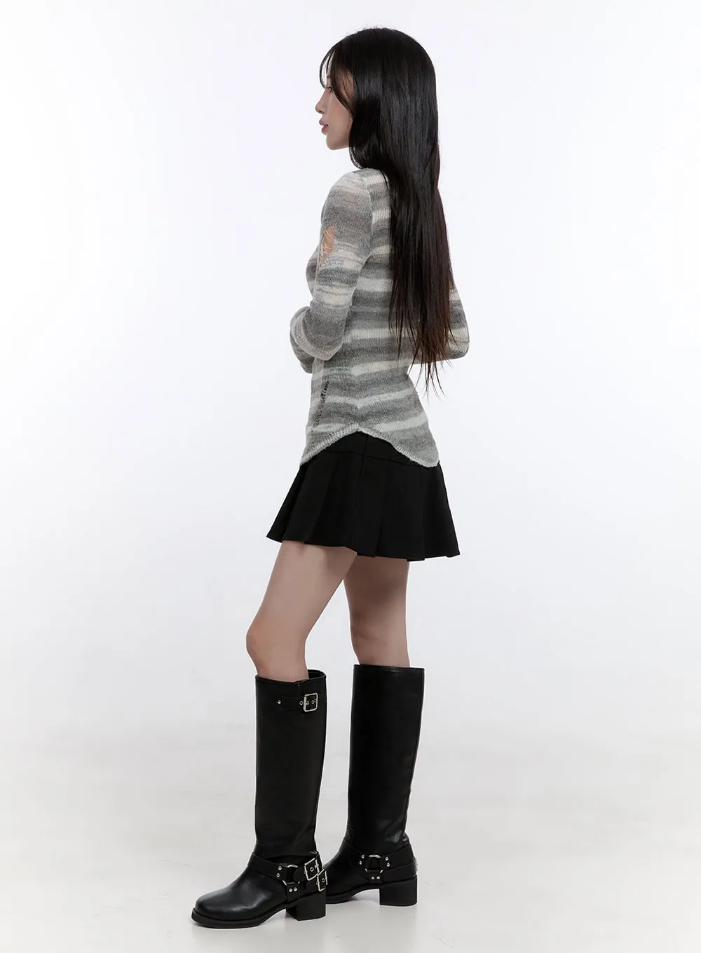 Stripe Destroyed Long Sleeve Knit Top CO419