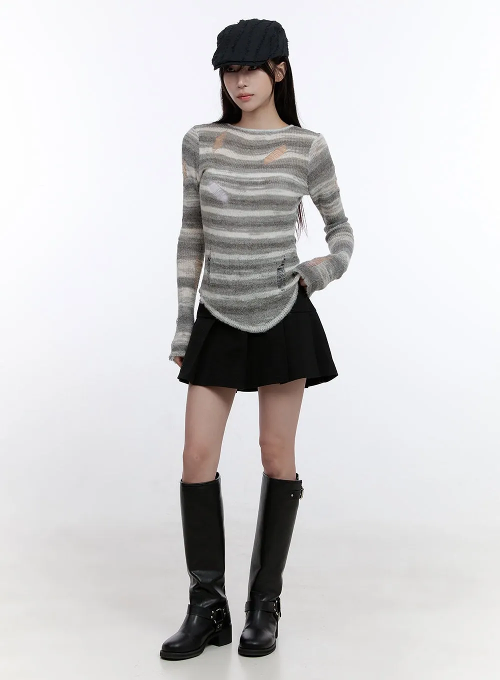 Stripe Destroyed Long Sleeve Knit Top CO419