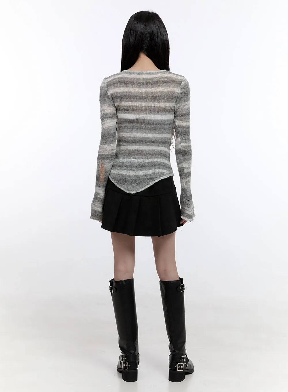 Stripe Destroyed Long Sleeve Knit Top CO419