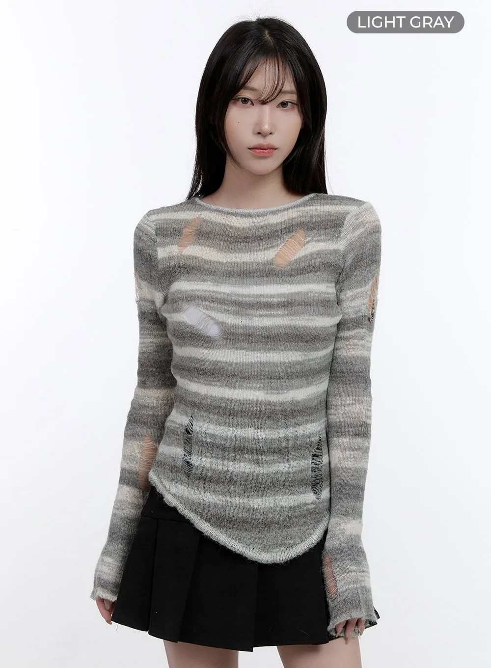 Stripe Destroyed Long Sleeve Knit Top CO419