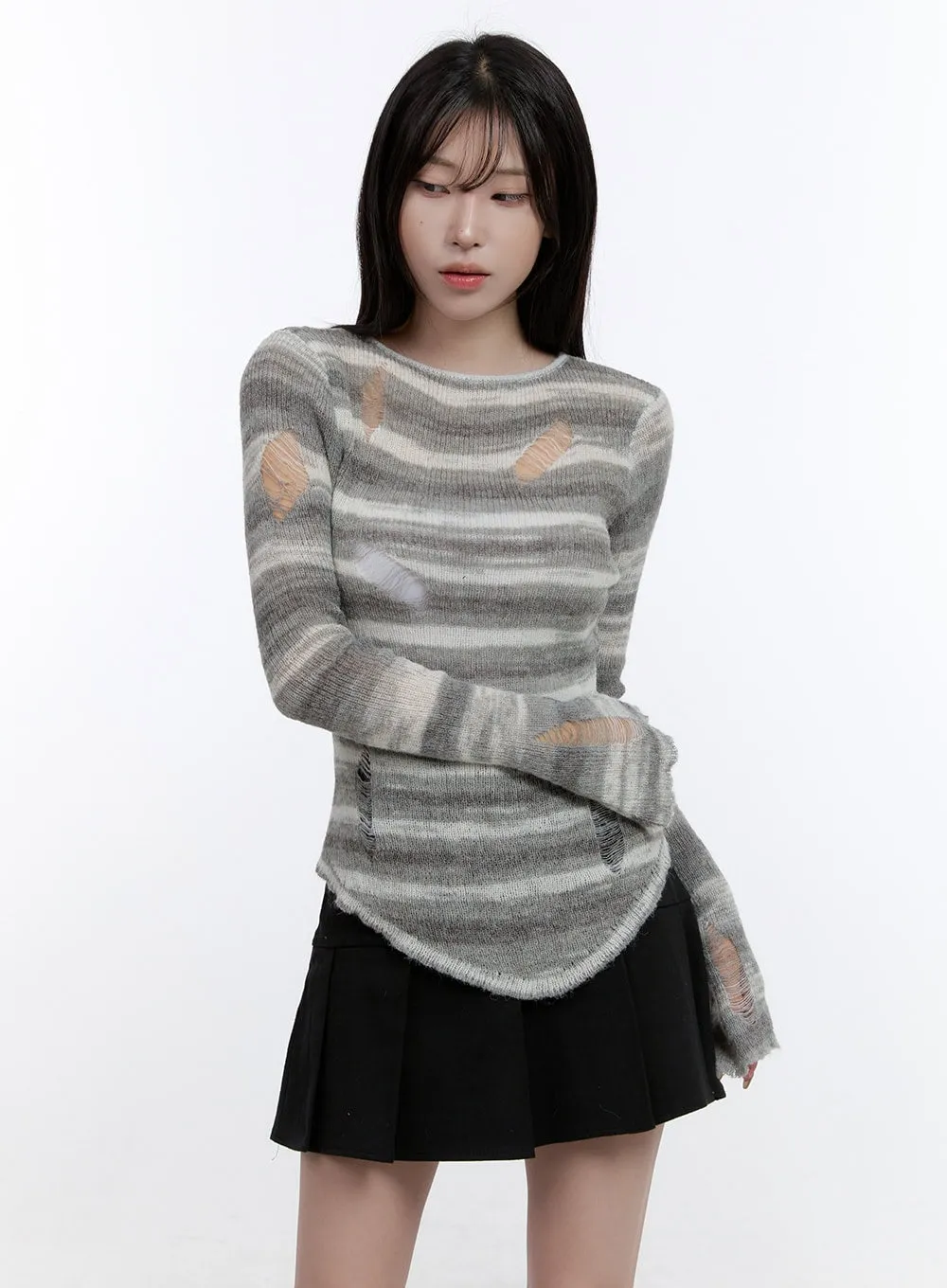 Stripe Destroyed Long Sleeve Knit Top CO419