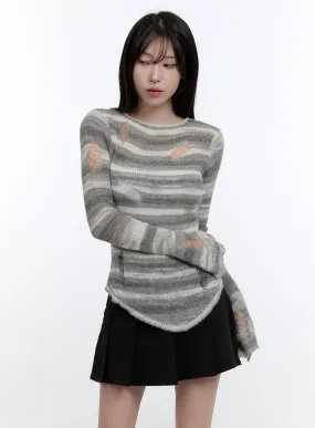 Stripe Destroyed Long Sleeve Knit Top CO419