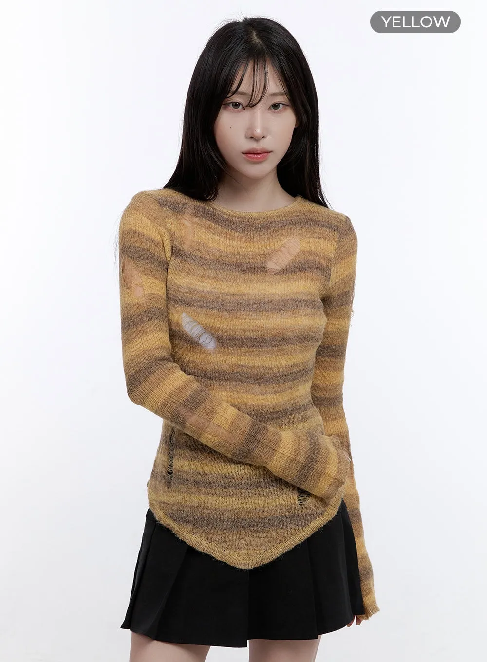 Stripe Destroyed Long Sleeve Knit Top CO419