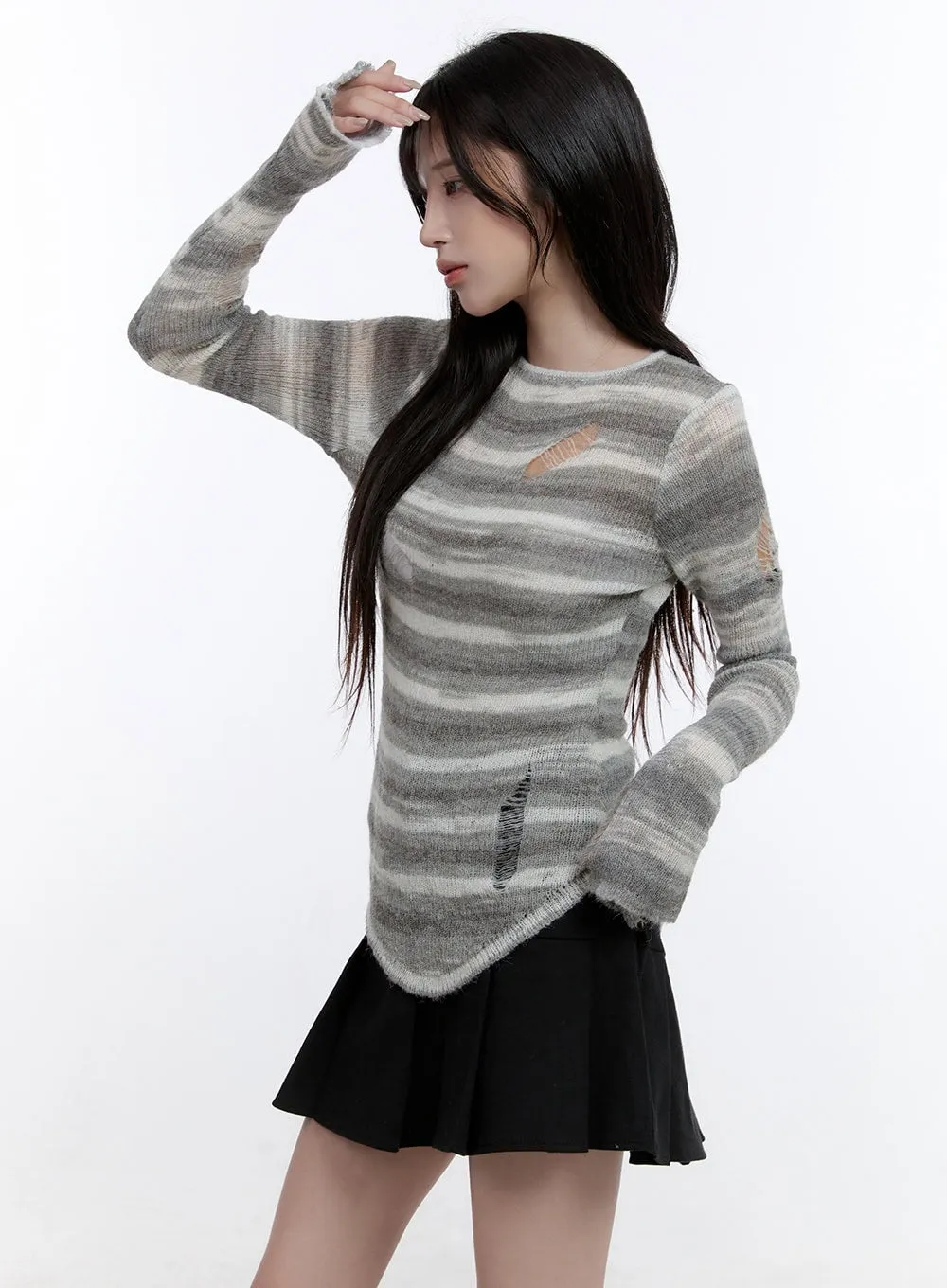 Stripe Destroyed Long Sleeve Knit Top CO419