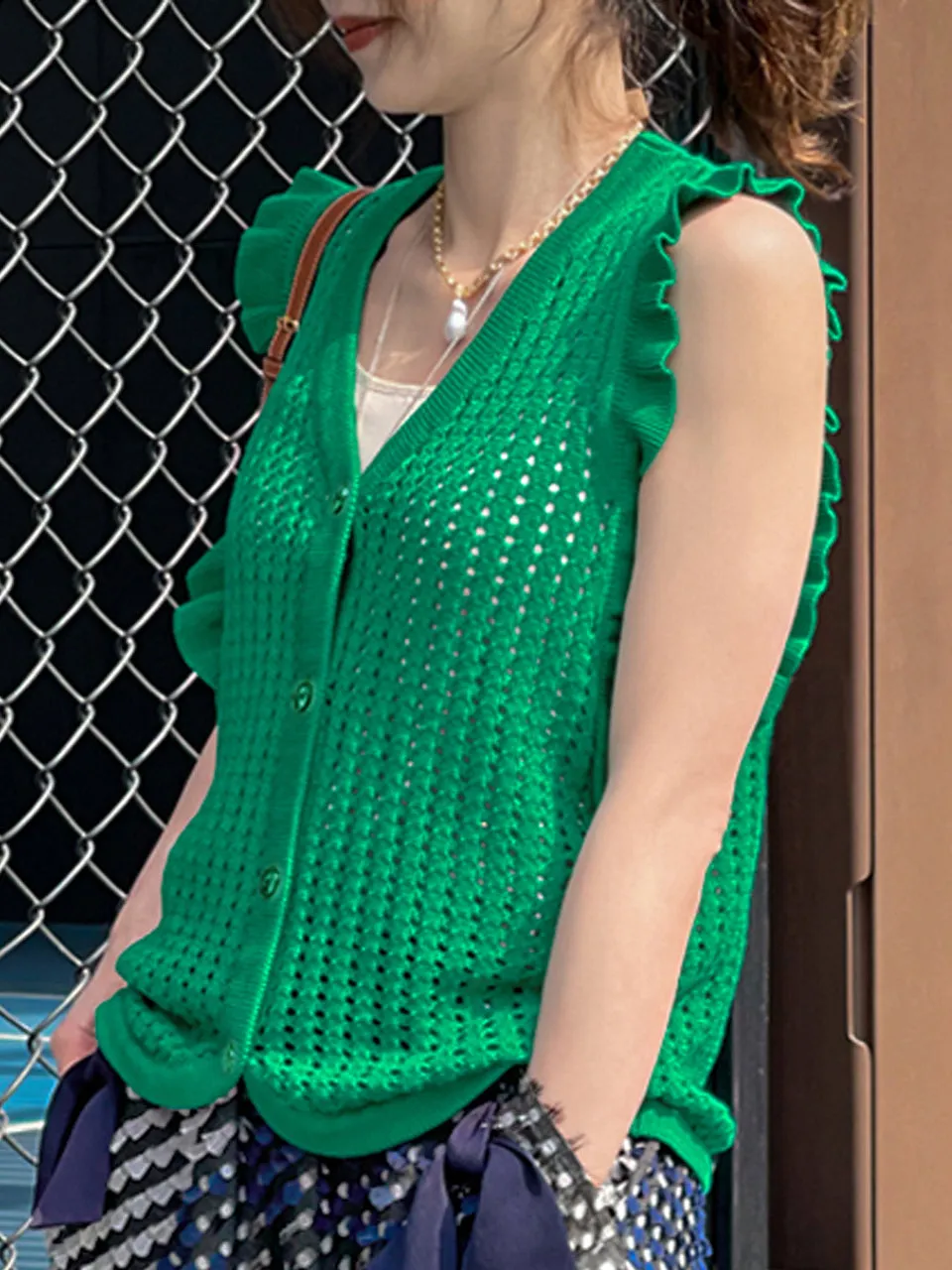 Surprise Sale! Spring Green Crochet Ruffle Knitted Button Front Cotton Vest