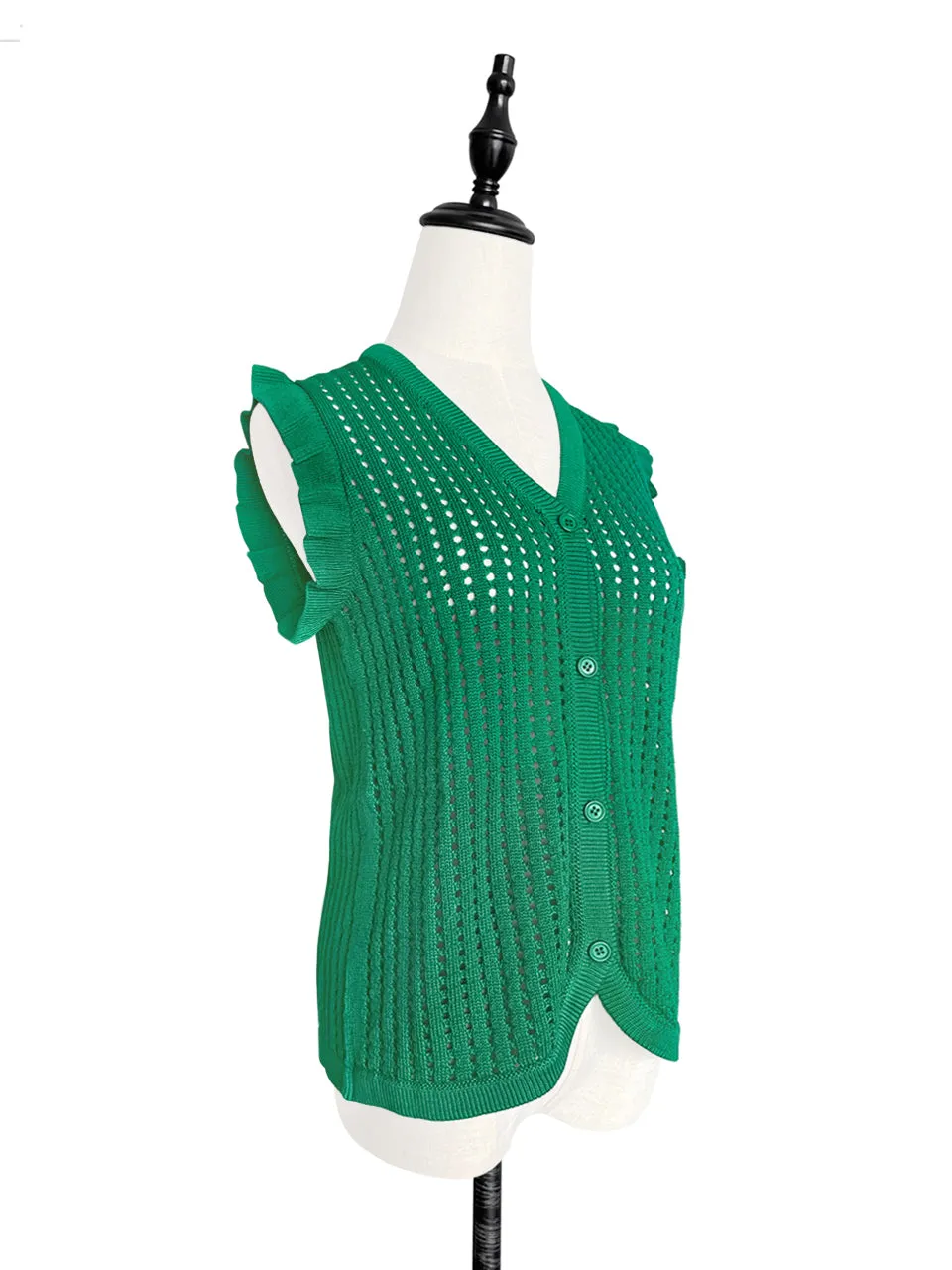 Surprise Sale! Spring Green Crochet Ruffle Knitted Button Front Cotton Vest