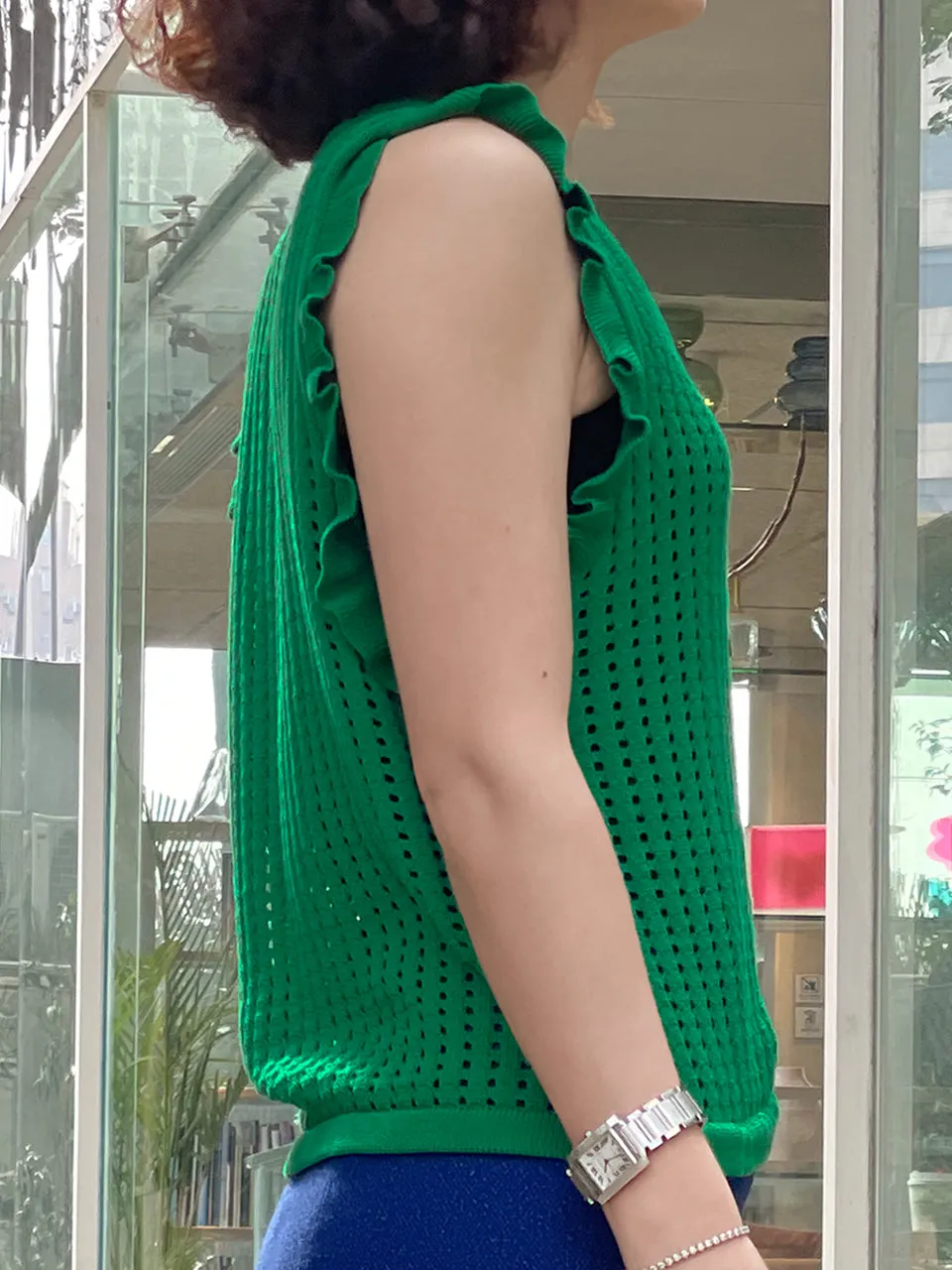 Surprise Sale! Spring Green Crochet Ruffle Knitted Button Front Cotton Vest