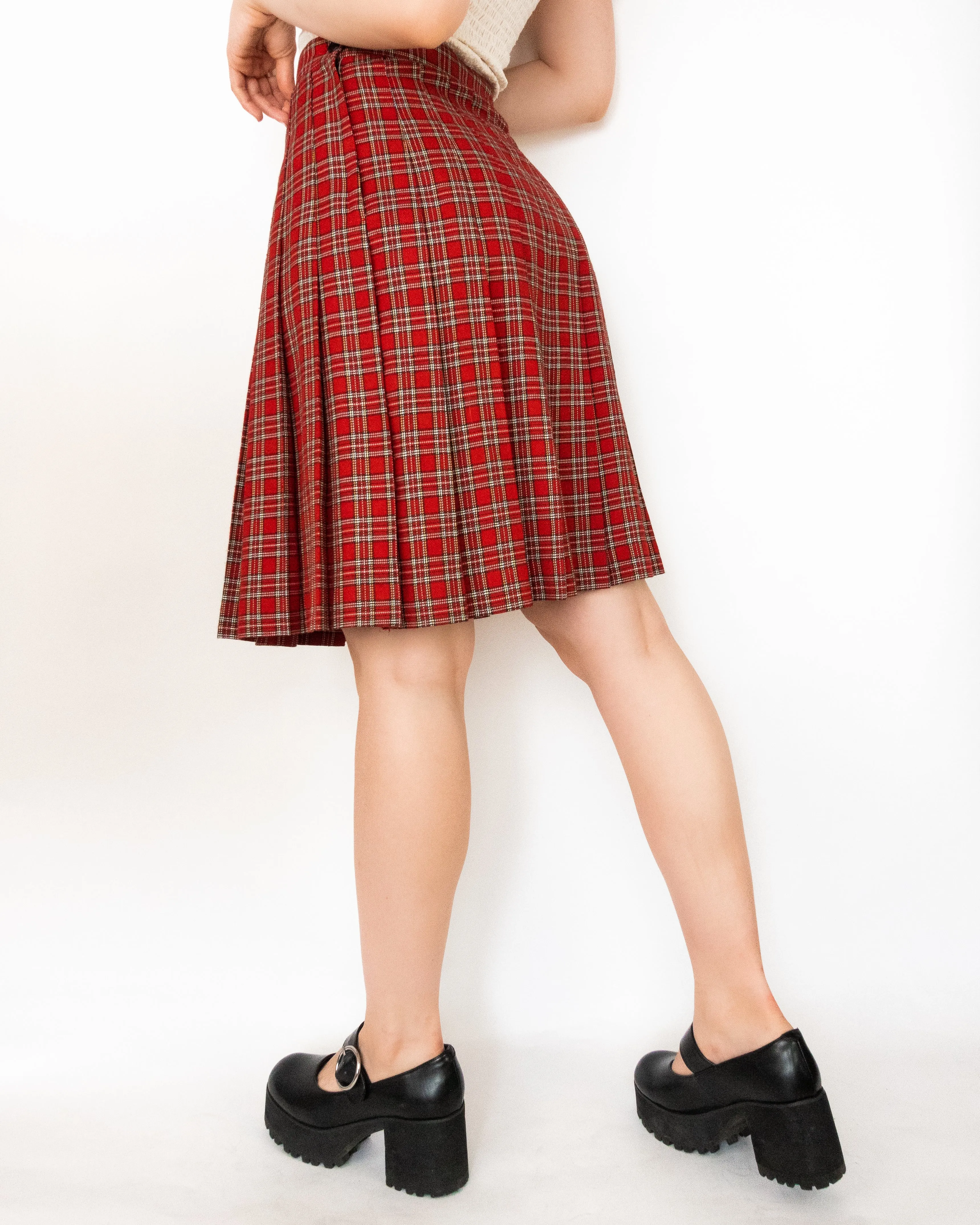 Tartan Plaid Pleated Midi Skirt Red