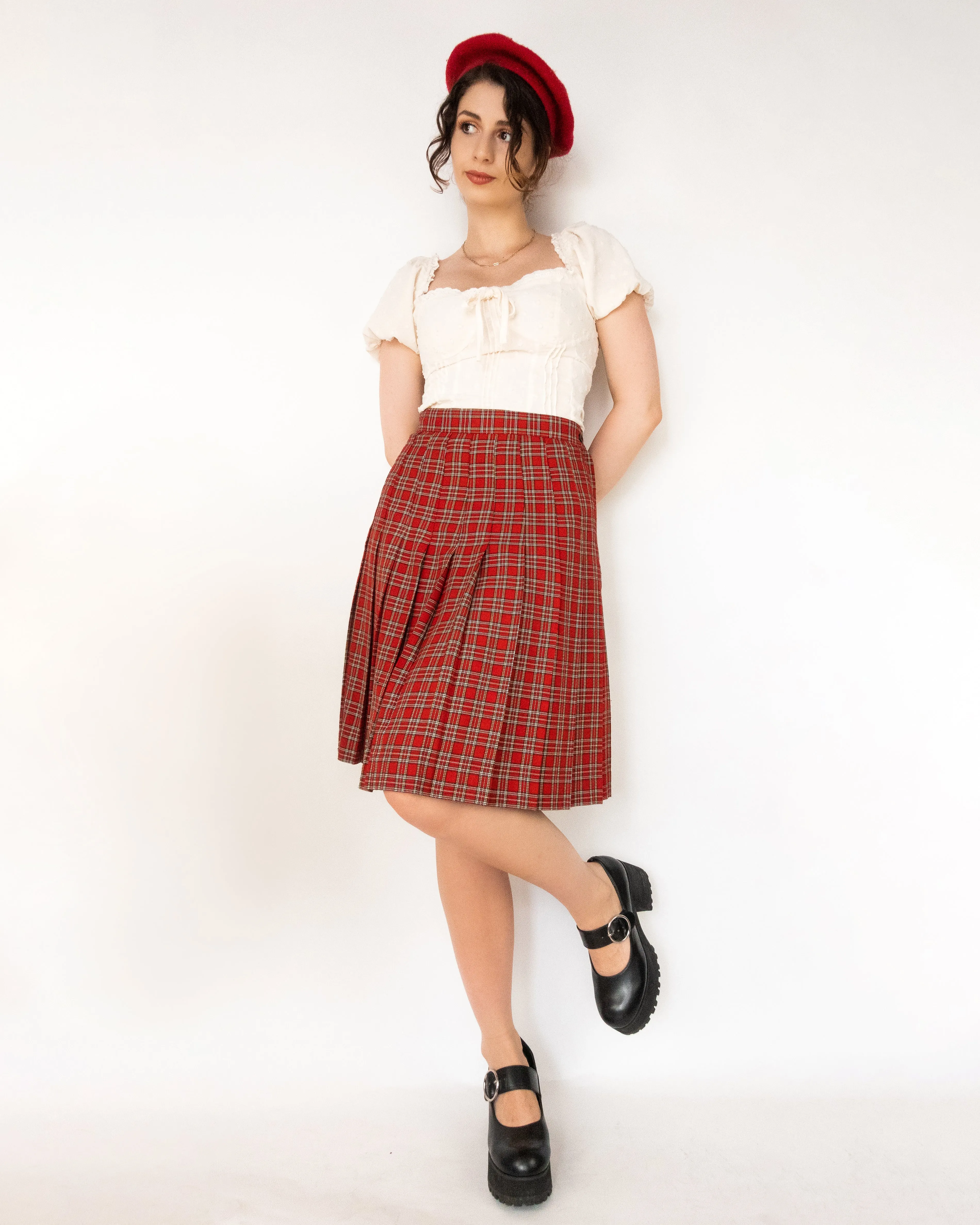 Tartan Plaid Pleated Midi Skirt Red