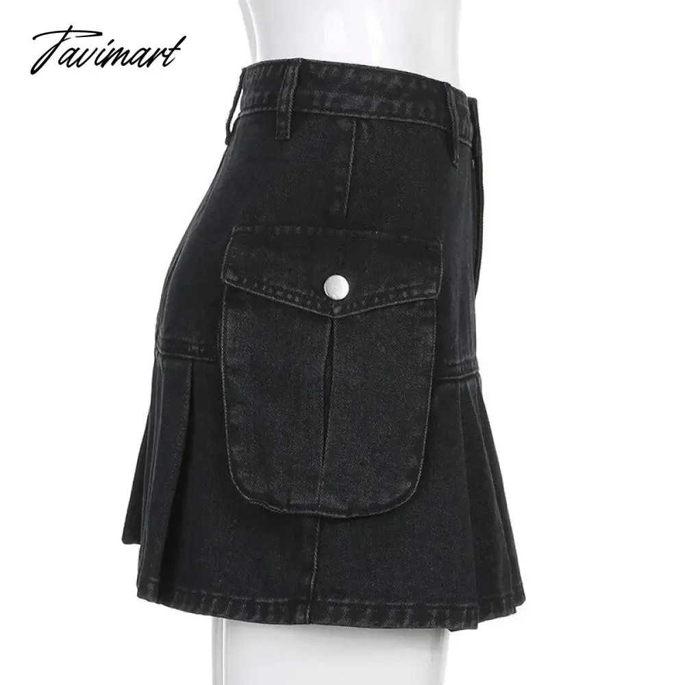 Tavimart Denim Jeans Mini Skirt Micro Gothic Y2k Pleated A Line Black Korean Style Grunge Fairy Punk Streetwear Fashion Women Ladies