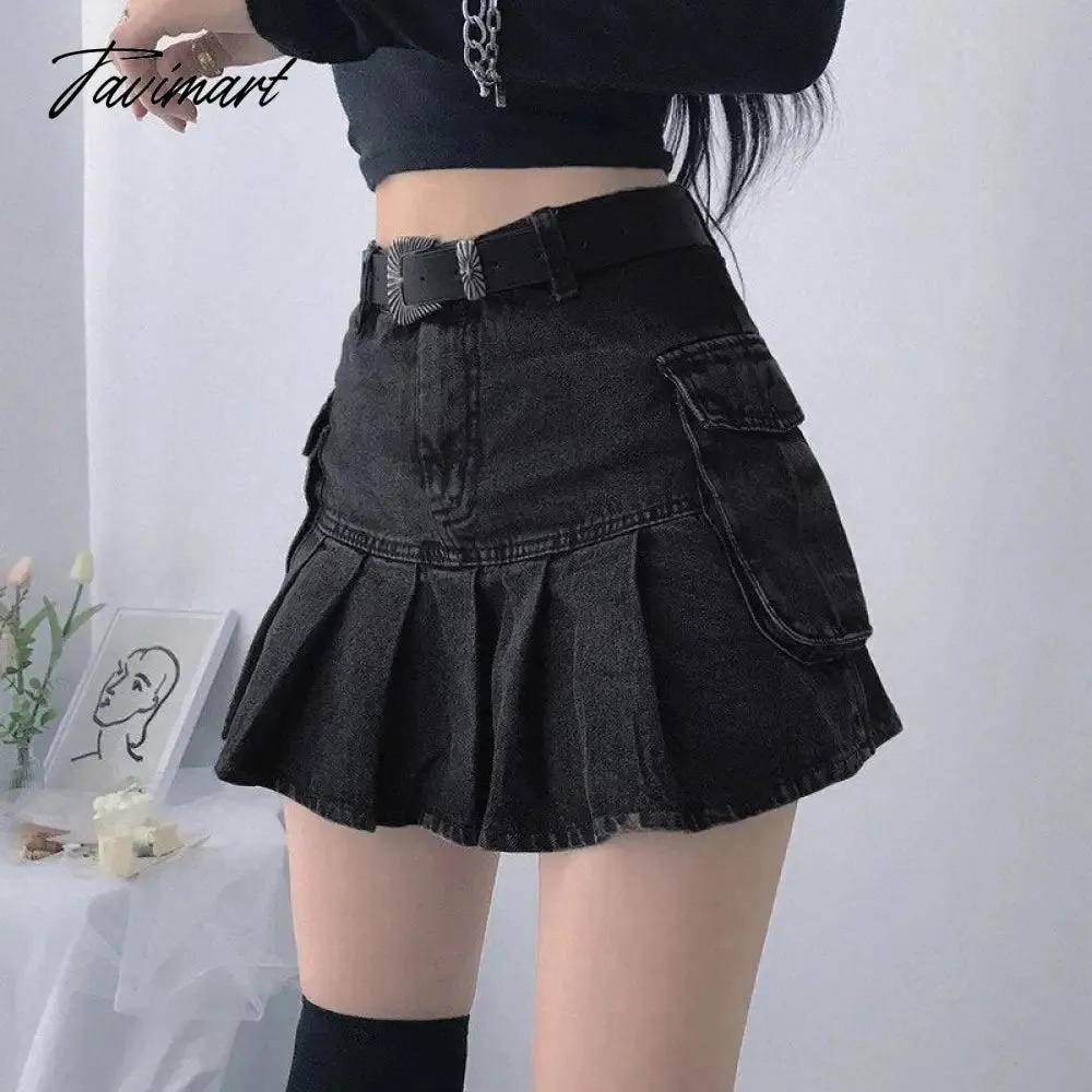 Tavimart Denim Jeans Mini Skirt Micro Gothic Y2k Pleated A Line Black Korean Style Grunge Fairy Punk Streetwear Fashion Women Ladies