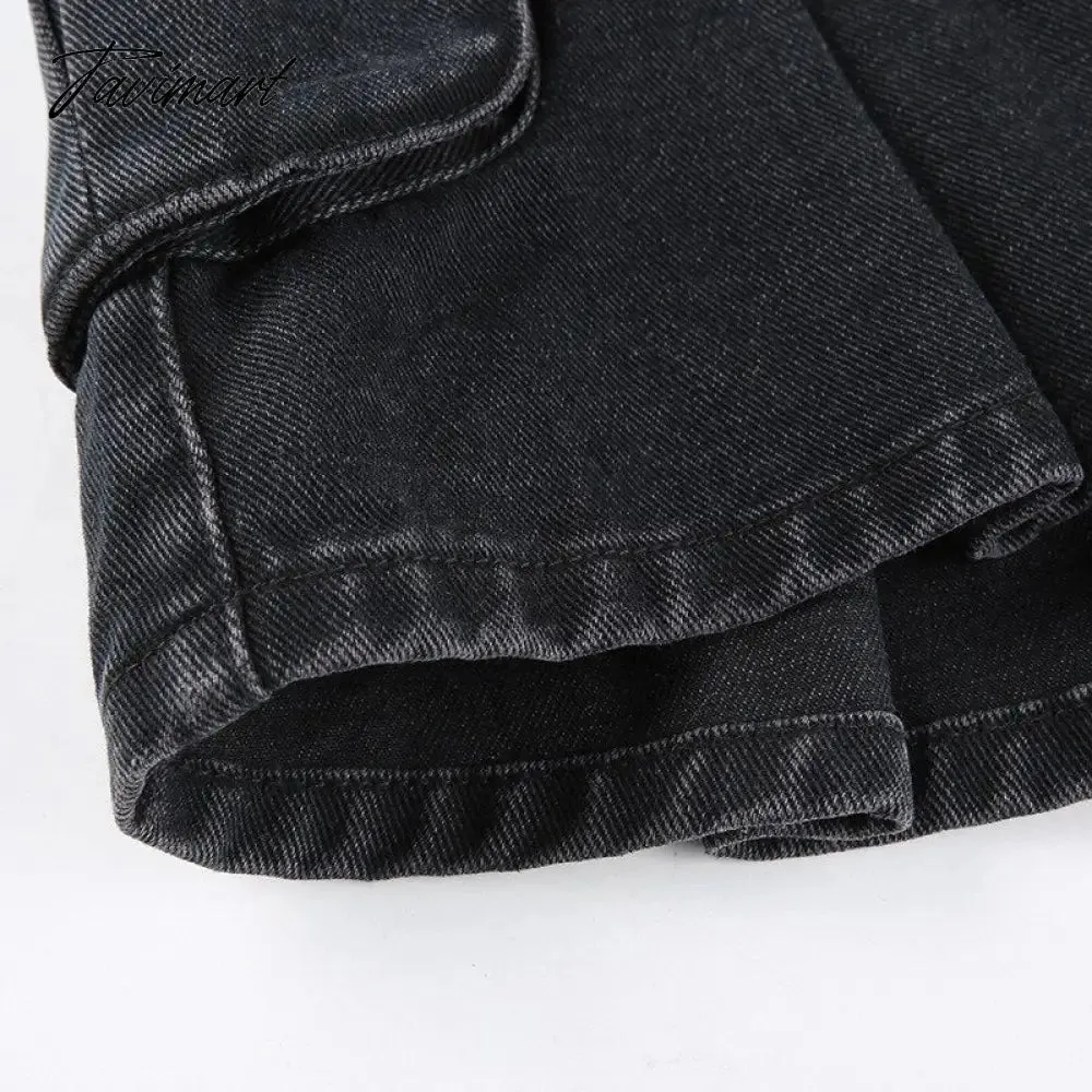 Tavimart Denim Jeans Mini Skirt Micro Gothic Y2k Pleated A Line Black Korean Style Grunge Fairy Punk Streetwear Fashion Women Ladies