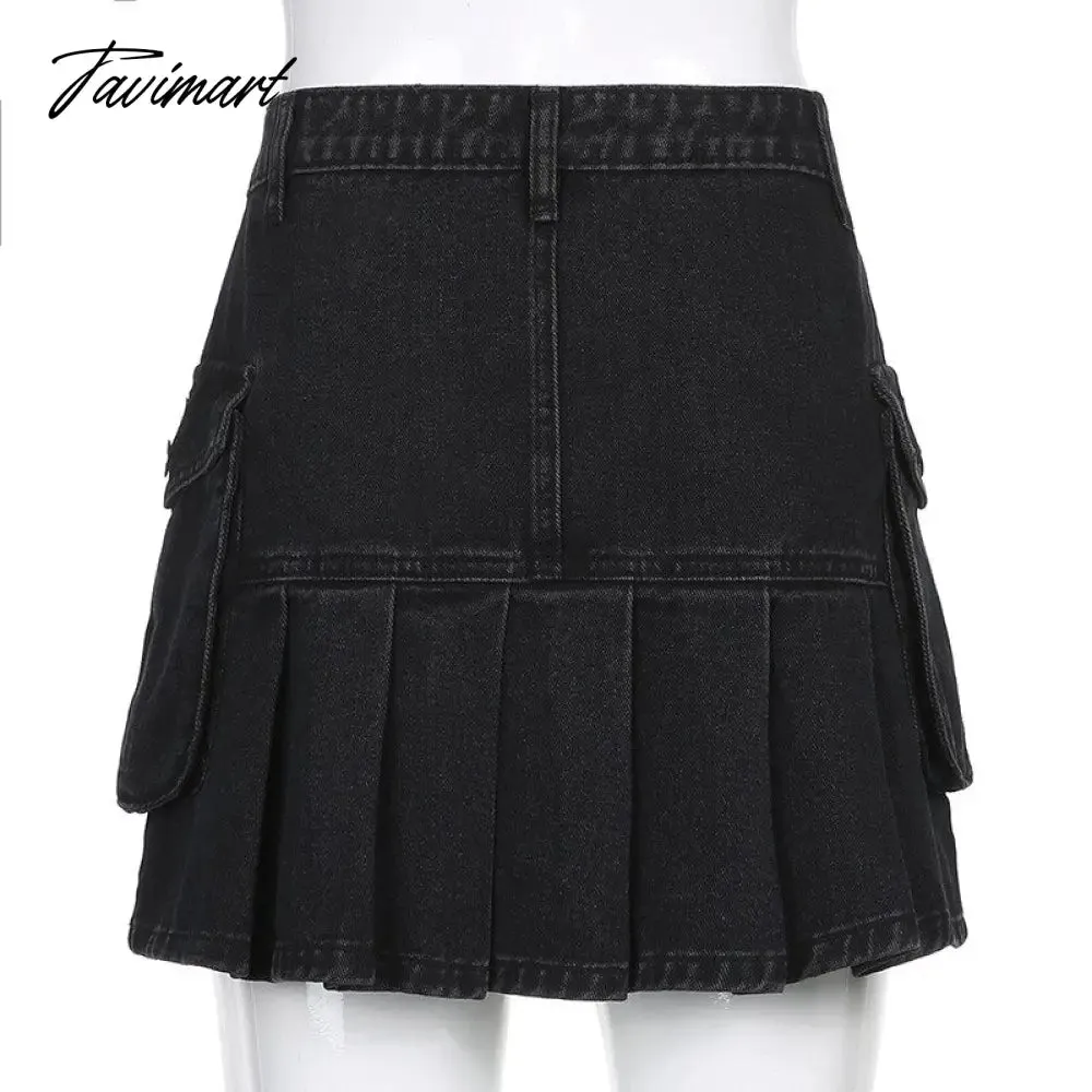 Tavimart Denim Jeans Mini Skirt Micro Gothic Y2k Pleated A Line Black Korean Style Grunge Fairy Punk Streetwear Fashion Women Ladies