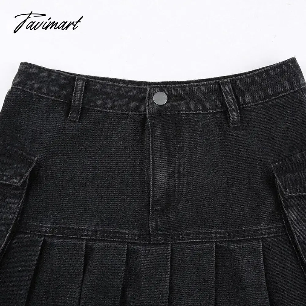 Tavimart Denim Jeans Mini Skirt Micro Gothic Y2k Pleated A Line Black Korean Style Grunge Fairy Punk Streetwear Fashion Women Ladies