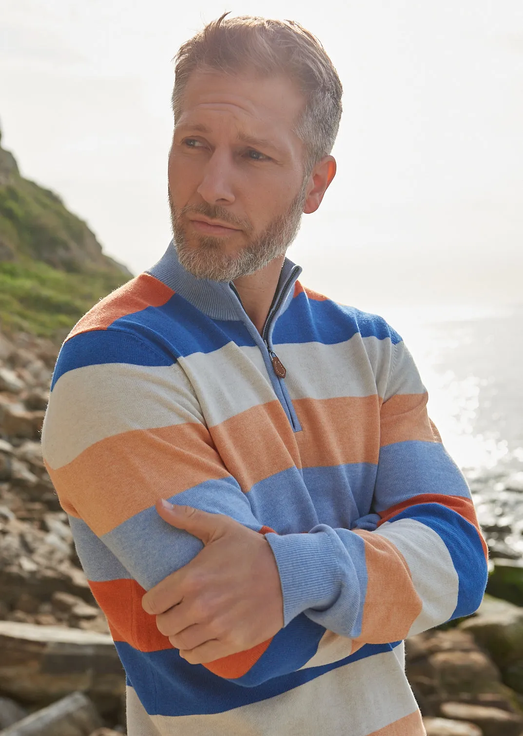 Trowbridge Stripe 1/4 Zip Jumper in Steel Blue