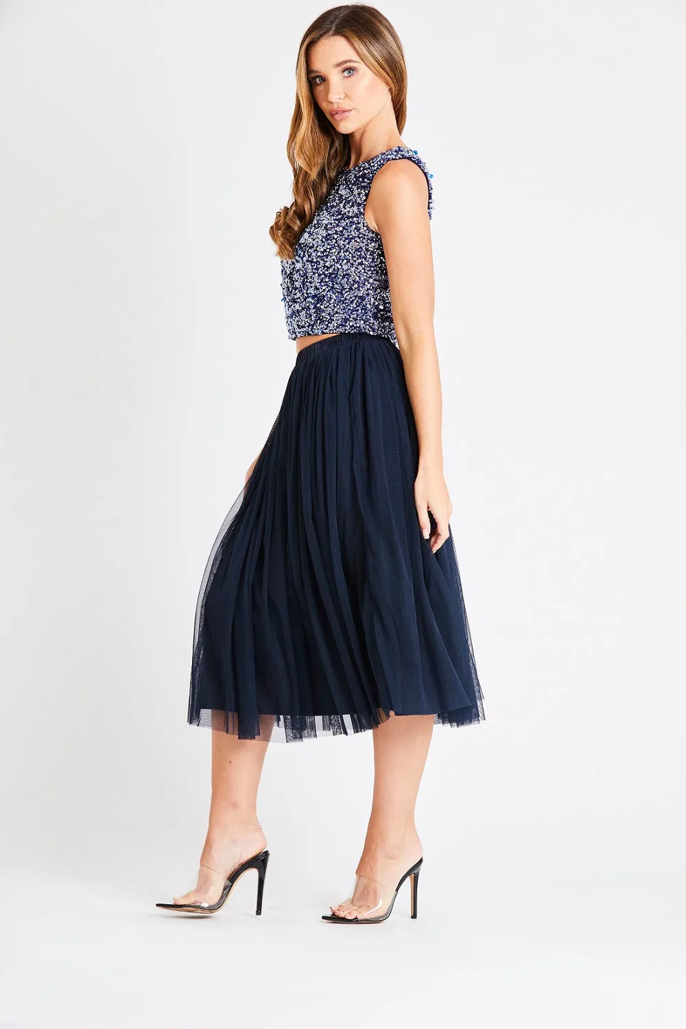 Val Tulle Midi Skirt in Navy