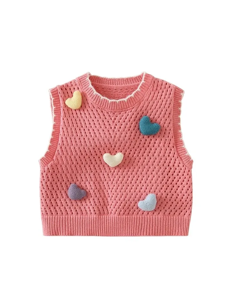 Vest with heart embroidery for children, sleeveless knit vest, round neck, cute and trendy, with open design, for spring and aut