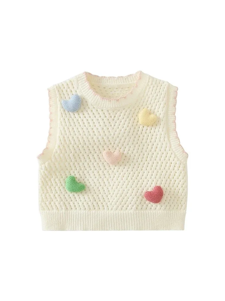 Vest with heart embroidery for children, sleeveless knit vest, round neck, cute and trendy, with open design, for spring and aut