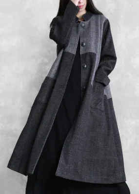 vintage plus size long coat outwear dark gray stand collar patchwork woolen overcoat