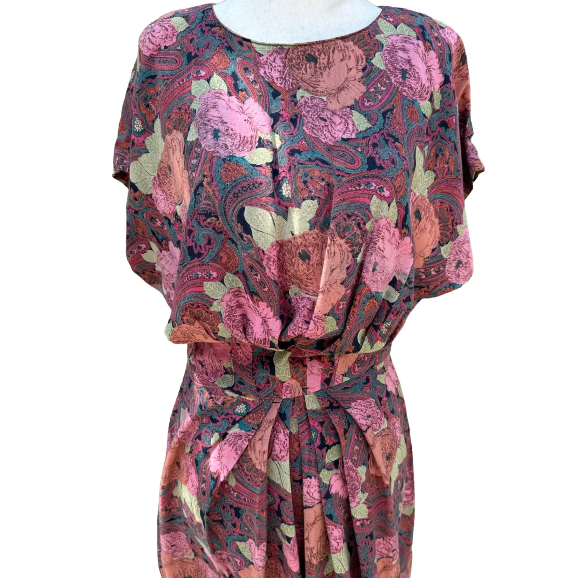 Vintage Women's Pink Floral Paisley Print Pleat Waist Short Dolman Sleeve Dress