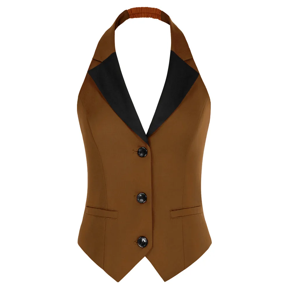 Waistcoat Vest Vintage Halter Lapel Button Down Suit Vest with Pockets