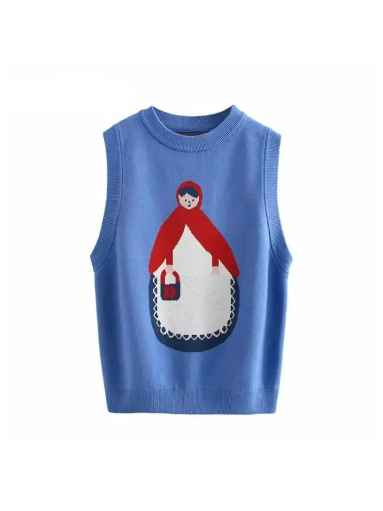 Women's Cartoon Embroidery Knitted Sweaters Blue Sleeveless Vest Winter Warm O-Neck Female Jumpers Pullovers