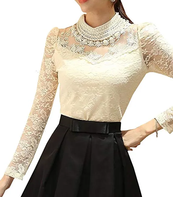 Women's Floral Lace Blouse Overlay Turtleneck Long Sleeve Sheer Party Tops