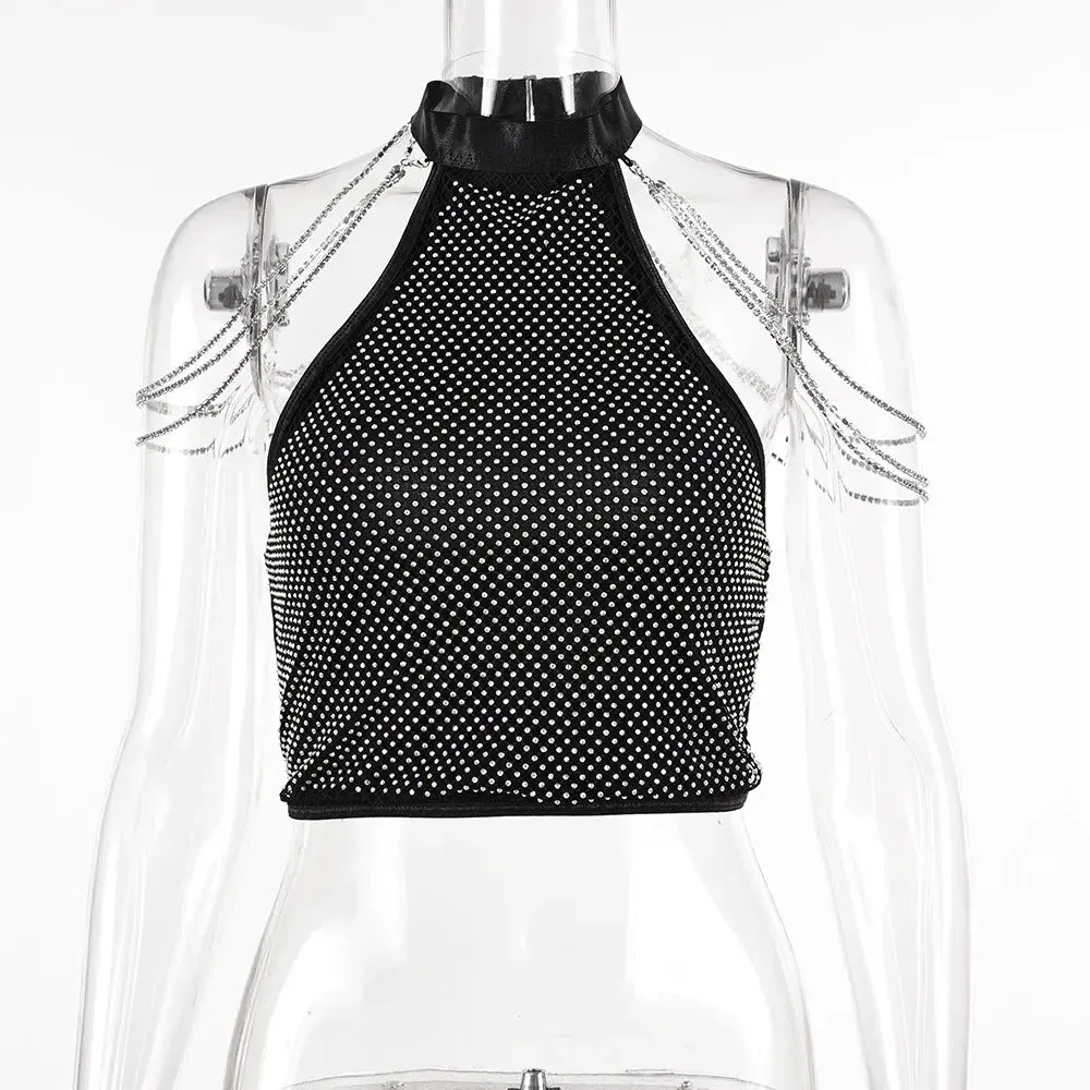 Women's Halter Slim Fit Vest Metal Rhinestone Chain Top