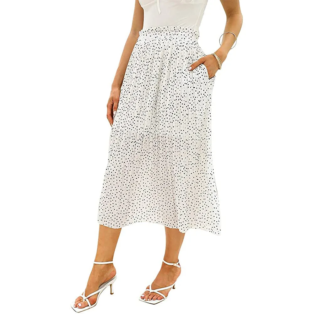 Womens High Waist Polka Dot Pleated Skirt