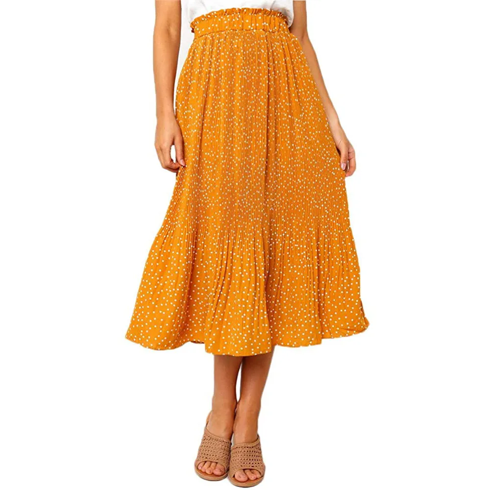 Womens High Waist Polka Dot Pleated Skirt