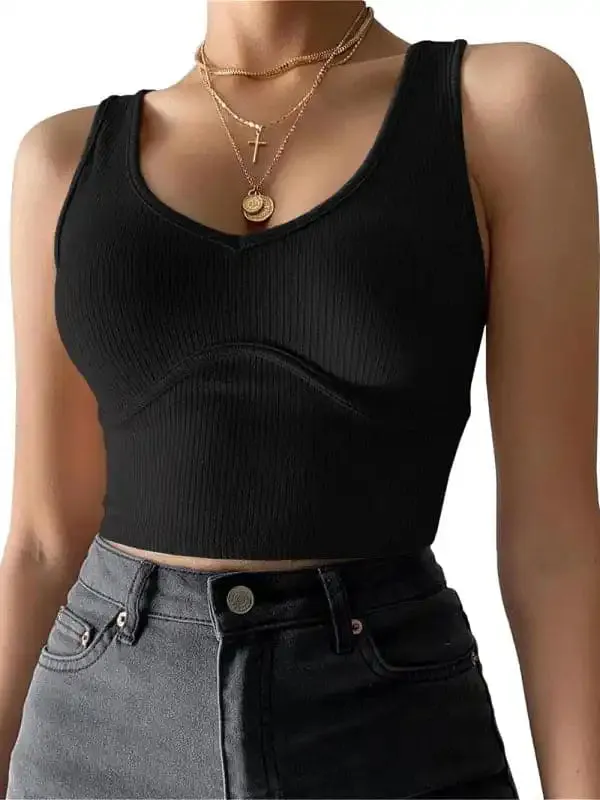 Women’s V-Neck Stitching Stretch Solid Color Knit Tank Top