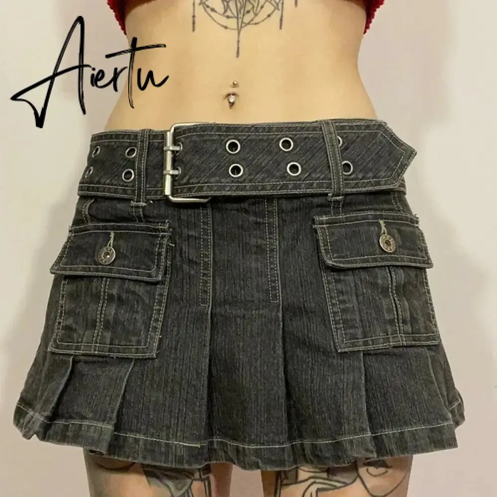 Y2k Denim Skirt 2000s Aesthetic Women Fairycore Grunge Low Waist A Line Pleated Skirts Fashion Jeans Skirt Streetwear