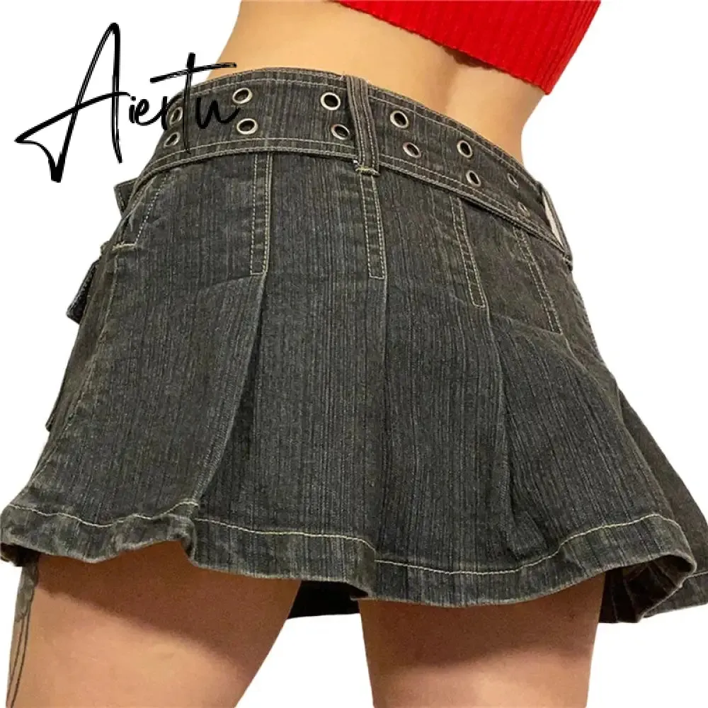 Y2k Denim Skirt 2000s Aesthetic Women Fairycore Grunge Low Waist A Line Pleated Skirts Fashion Jeans Skirt Streetwear