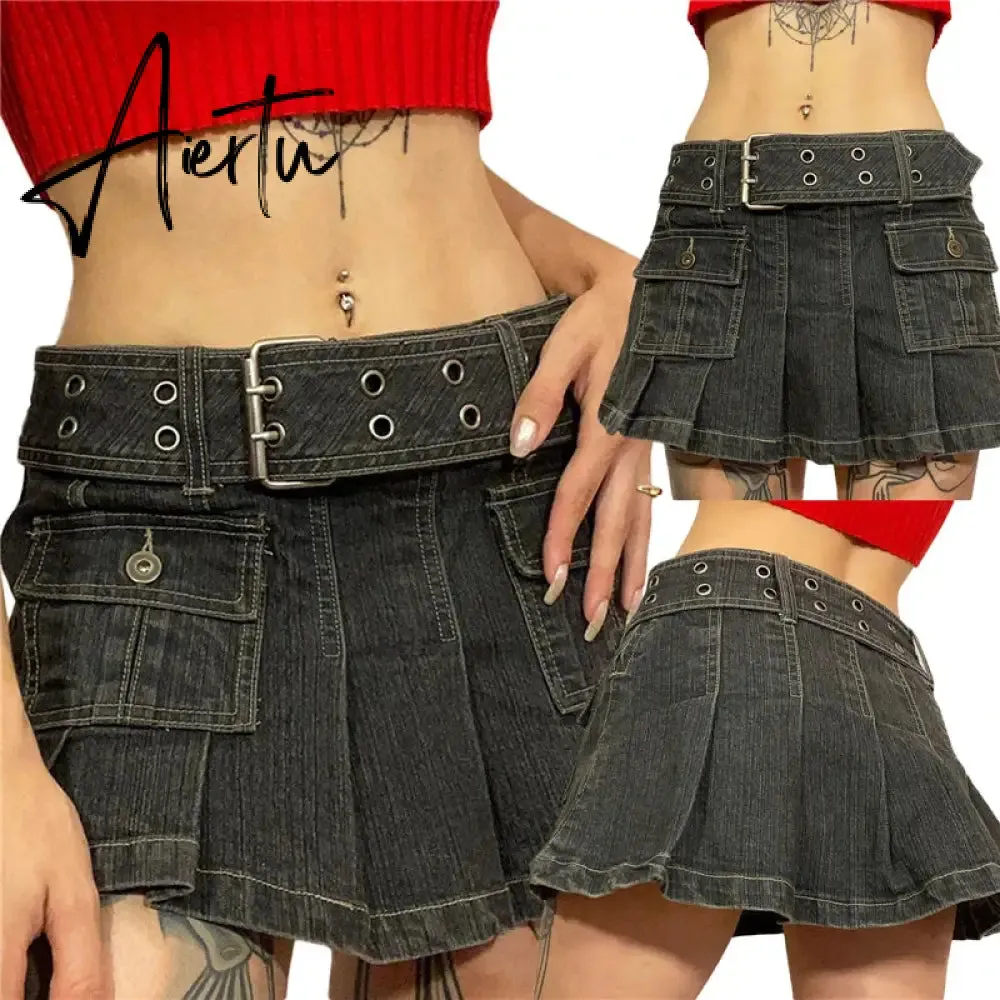 Y2k Denim Skirt 2000s Aesthetic Women Fairycore Grunge Low Waist A Line Pleated Skirts Fashion Jeans Skirt Streetwear