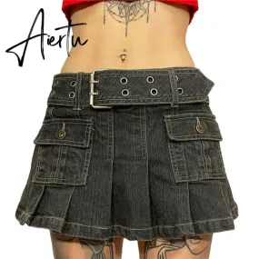 Y2k Denim Skirt 2000s Aesthetic Women Fairycore Grunge Low Waist A Line Pleated Skirts Fashion Jeans Skirt Streetwear