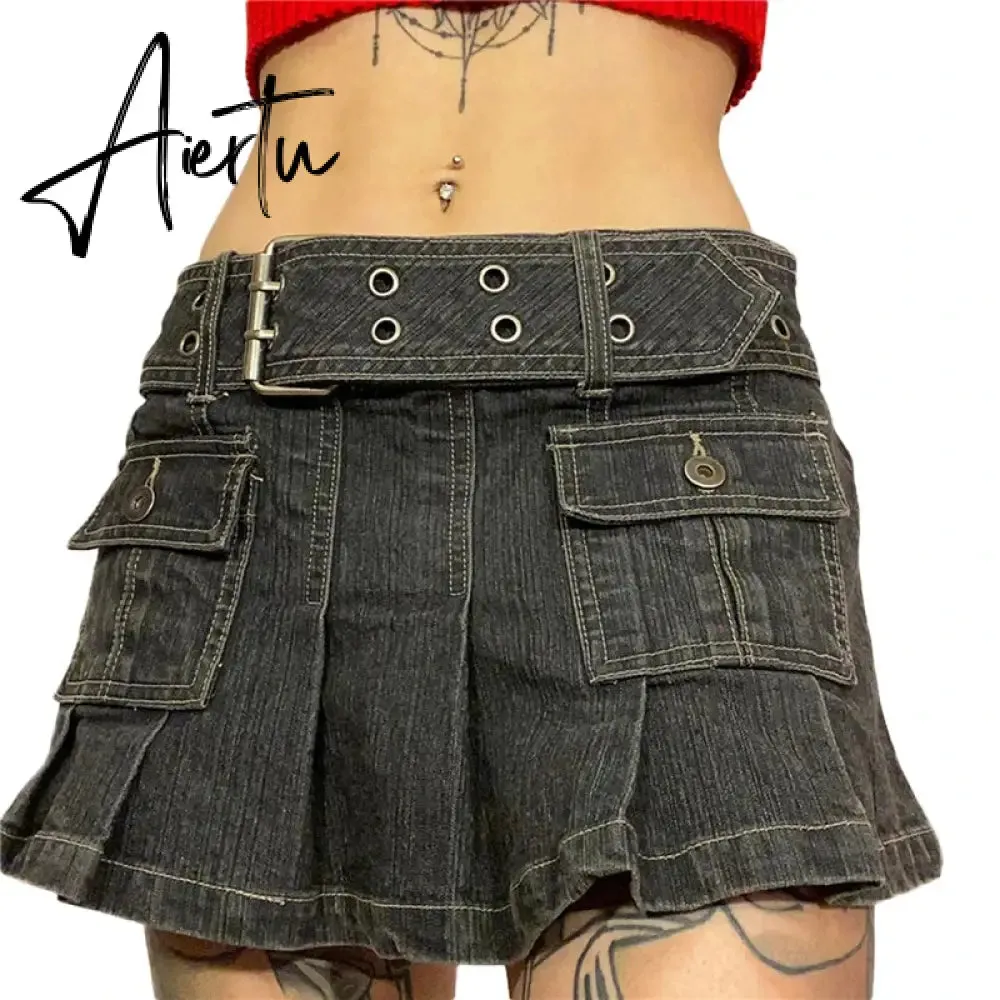 Y2k Denim Skirt 2000s Aesthetic Women Fairycore Grunge Low Waist A Line Pleated Skirts Fashion Jeans Skirt Streetwear